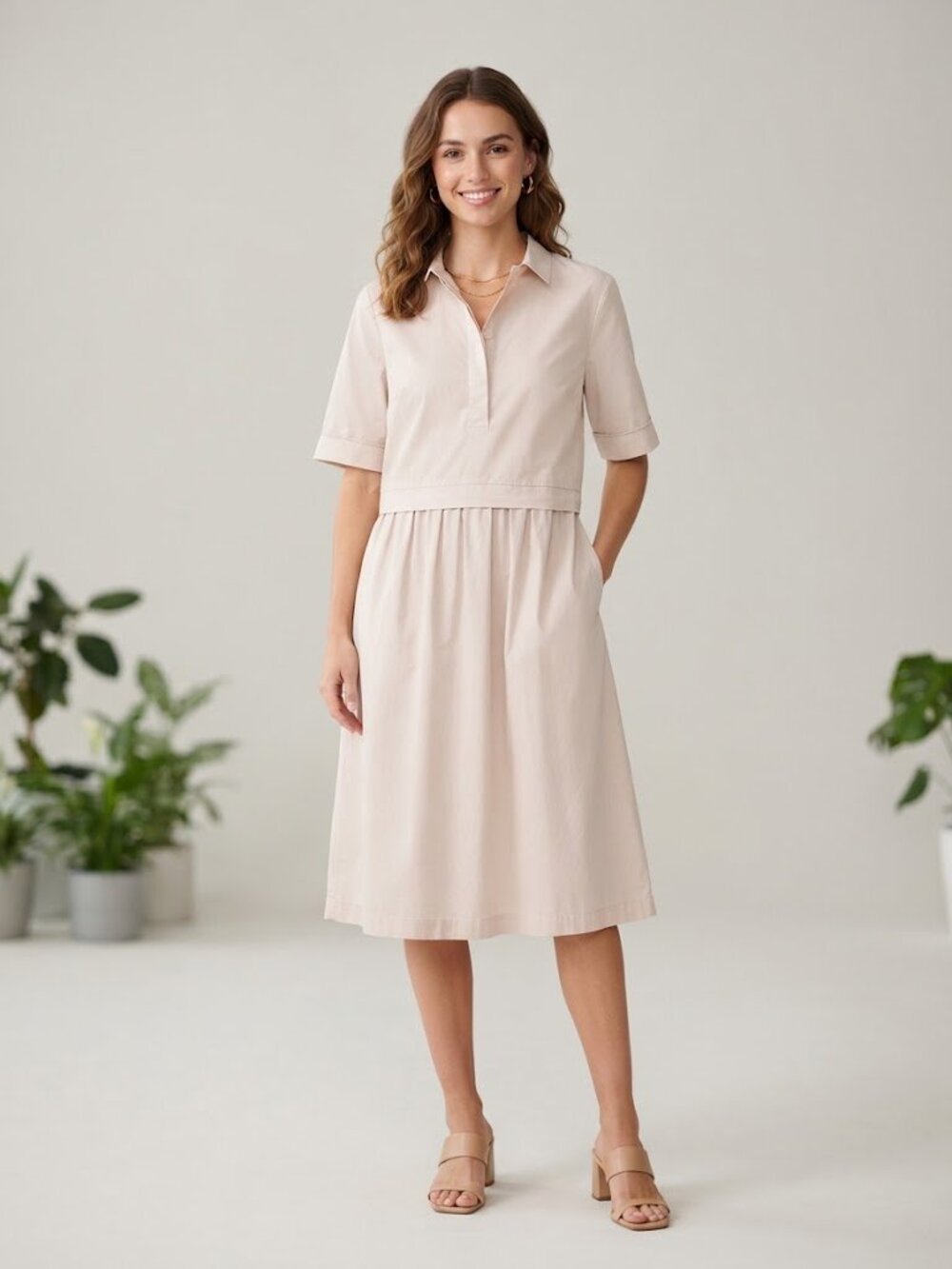 Pesirico Made In Italy Pocketed Poplin Blush Sheath Shirt Dress
